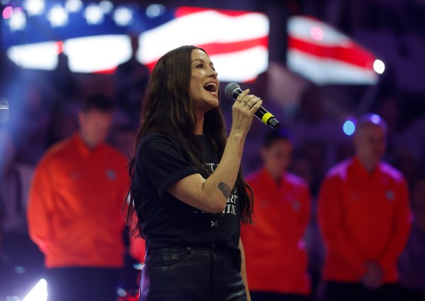 Alanis Morissette sings the National Anthem before the Golden State Valkyries game against the Atlanta Dream for Game 2 of the WNBA Finals at the Chase Center in San Francisco, Calif., on Monday, Oct. 19, 2026. (Nhat V. Meyer/Bay Area News Group)