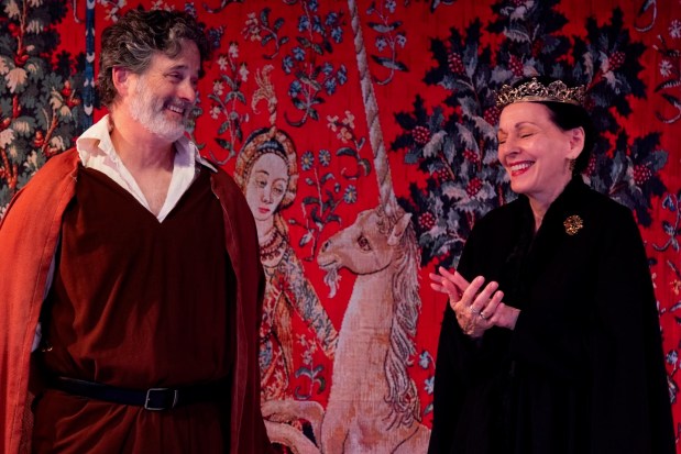 Daron Jennings (King Henry II) and Katina Psihos (Eleanor of Aquitaine) rehearse a scene from "The Lion in Winter," running Oct. 22 through Nov. 22 at Alameda's Altarena Playhouse. (Photo courtesy of Grizzly De Haro)