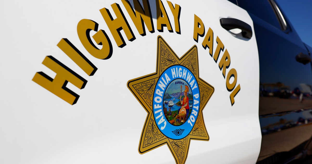 "Highway Patrol" is written above a gold seven-pointed star badge that reads "California Highway Patrol" on a black and white vehicle door.