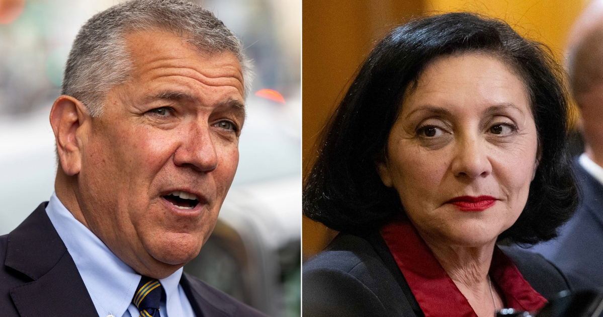 A gray-haired man in a suit talks outdoors, while a black-haired woman with red lipstick and a red blouse looks thoughtfully indoors.