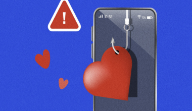 A smartphone screen shows a red heart caught on a fishing hook, with a warning symbol nearby, symbolizing love-related online scams.
