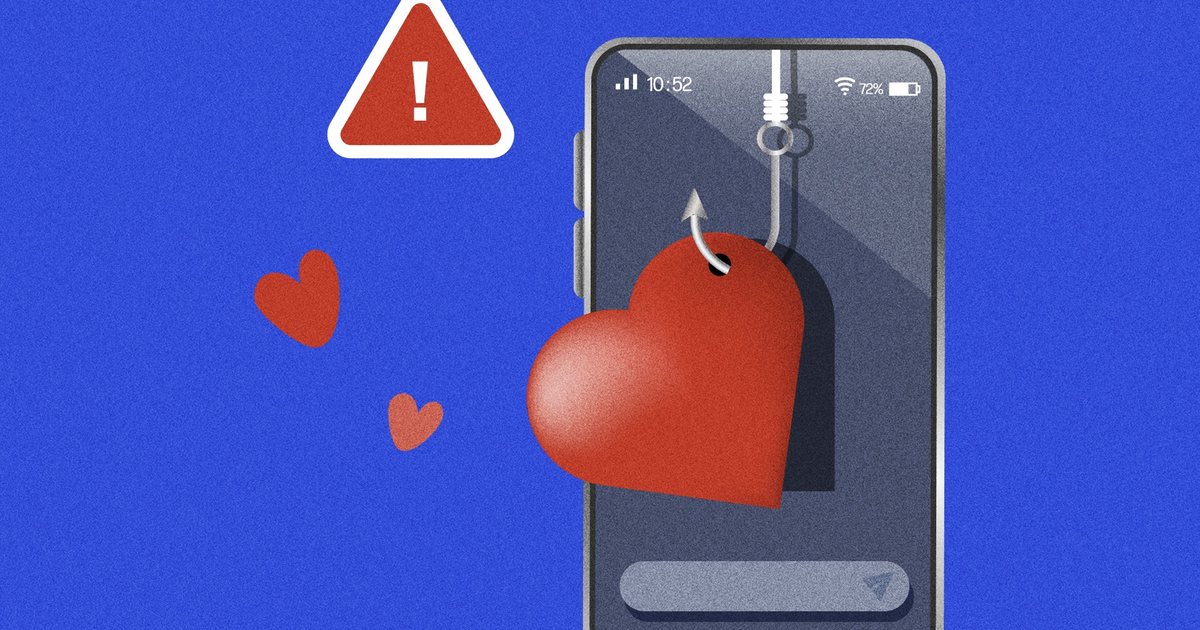 A smartphone screen shows a red heart caught on a fishing hook, with a warning symbol nearby, symbolizing love-related online scams.