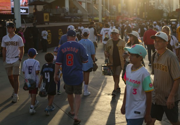 Cubs and Padres fans arrive for Game 2 of their wild-card series on Sept. 30, 2026, in San Diego. (Brian Cassella/Chicago Tribune)