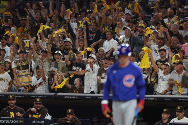 Padres fans cheer as Chicago Cubs center fielder Pete Crow-Armstrong strikes out in the first inning during Game 2 of their wild-card series on Sept. 30 2026, in San Diego. (Brian Cassella/Chicago Tribune)