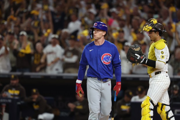 Cubs center fielder Pete Crow-Armstrong strikes out in the first inning against the Padres during Game 2 of their wild-card series on Sept. 30 2026, in San Diego. (Brian Cassella/Chicago Tribune)