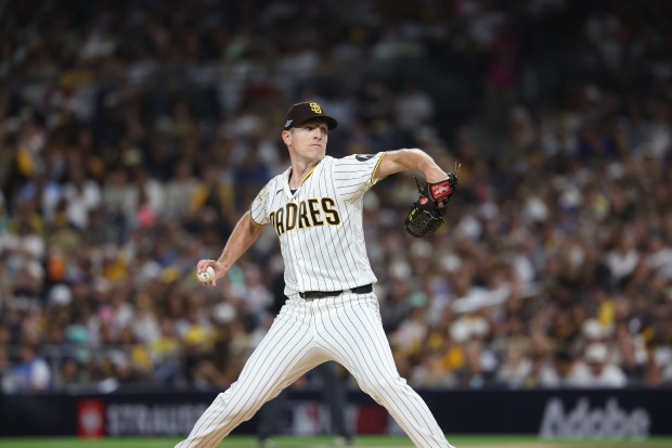 Padres pitcher Nick Pivetta throws in the first inning during Game 2 of their wild-card series against the Cubs on Sept. 30 2026, in San Diego. (Brian Cassella/Chicago Tribune)