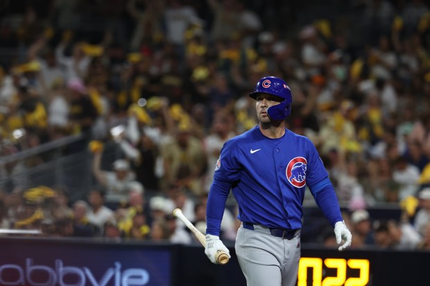 Cubs third baseman Alex Bregman strikes out swinging in the first inning against the Padres during Game 2 of their wild-card series on Sept. 30 2026, in San Diego. (Brian Cassella/Chicago Tribune)