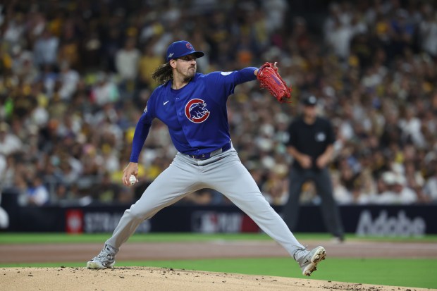 Cubs pitcher Kevin Gausman throws in the first inning against the Padres in Game 2 of their wild-card series on Sept. 30 2026, in San Diego. (Brian Cassella/Chicago Tribune)