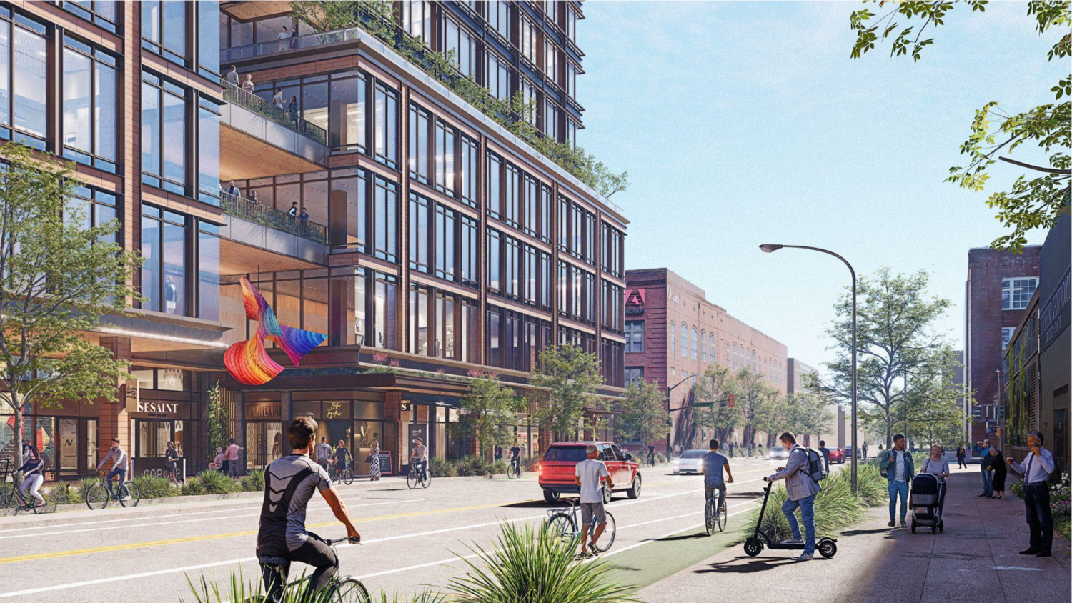 Caltrain San Francisco Railyards pedestrian view at 7th and Townsend, rendering by Prologis