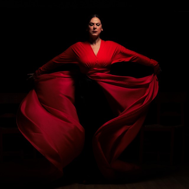 A flamenco dancer in a long red dress holding the fabric out as she performs.