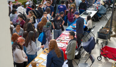 High school students from seven OC school districts connect with future employers at information booths in the Santa Ana College campus quad.