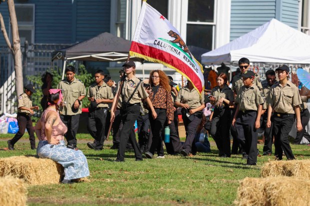 Students from the Oakland Military Institute return to DeFremery Park after participating in the Oakland Black Cowboy Association's 52nd Annual Parade and Festival in Oakland, Calif., on Saturday, Oct. 3, 2026. The event brought the community together under the theme "Preserving Our Heritage, Inspiring Our Future," featuring live entertainment, line dancing, youth activities, pony rides, food, local vendors and community resources. (Ray Chavez/Bay Area News Group)