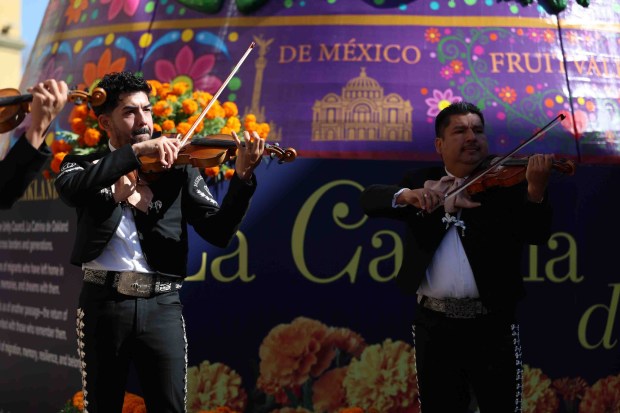 Mariachi Mexicanisimo performs during the official welcome ceremony for La Catrina, a monumental 34-foot sculpture handcrafted in Mexico City and installed in the heart of the Fruitvale district in Oakland, Calif., on Thursday, Oct. 1, 2026. According to The Unity Council, the traditional Mexican art piece is the tallest Catrina sculpture in the United States, honoring culture, pride, remembrance, resilience, and generations of immigrants who empower and enrich the city. The ceremony featured speakers including Mayor Barbara Lee, Councilmember Noel Gallo, Consul General of Mexico in San Francisco Marco Antonio Mena Rodriguez, Unity Council President Chris Iglesias, and Visit Oakland President Peter Gamez, along with dance performances and live mariachi music. The sculpture will be on display through the annual Día de los Muertos festival. (Ray Chavez/Bay Area News Group)