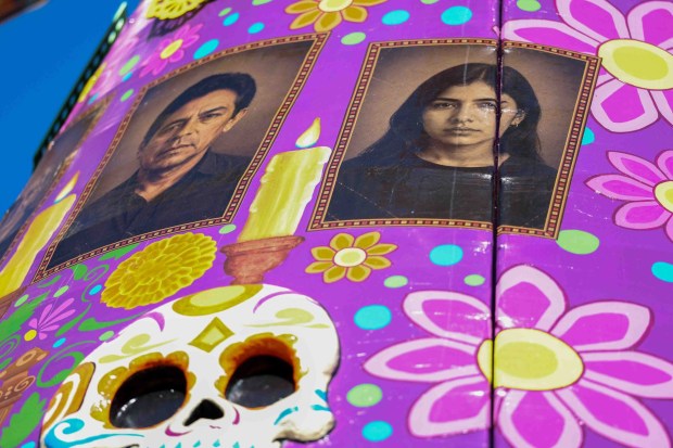 Details of La Catrina, a monumental 34-foot sculpture handcrafted in Mexico City, is installed in the heart of the Fruitvale district in Oakland, Calif., on Thursday, Oct. 1, 2026. According to The Unity Council, the traditional Mexican art piece is the tallest Catrina sculpture in the United States, honoring culture, pride, remembrance, resilience, and generations of immigrants who empower and enrich the city. The ceremony featured speakers including Mayor Barbara Lee, Councilmember Noel Gallo, Consul General of Mexico in San Francisco Marco Antonio Mena Rodriguez, Unity Council President Chris Iglesias, and Visit Oakland President Peter Gamez, along with dance performances and live mariachi music. The sculpture will be on display through the annual Día de los Muertos festival. (Ray Chavez/Bay Area News Group)