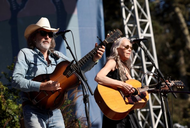 Gillian Welch and David Rawlings perform on the Banjo Stage at the Hardly Strictly Bluegrass Festival in Golden Gate Park in San Francisco, Calif., on Saturday, Oct. 3, 2026. (Jane Tyska/Bay Area News Group)