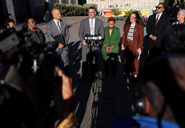 Oakland police Chief James Beere speaks during a press conference outside of the Phillip Burton Federal Building and U.S. Courthouse in San Francisco, Calif., on Tuesday, Sept. 29, 2026. To the right is Oakland Mayor Barbara Lee and to the left is City Attorney Ryan Richardson. U.S. District Court Judge William Orrick made a decision to relinquish federal oversight of the Oakland police department to Oakland city leaders for the first time since 2003. (Jane Tyska/Bay Area News Group)