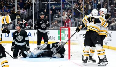 Bruins fans rise up in the unfriendly confines of Crypto.com Arena after Marat Khusnutdinov scored the go-ahead goal in the third period of Saturday night's 4-1 win over the Kings in Los Angeles.