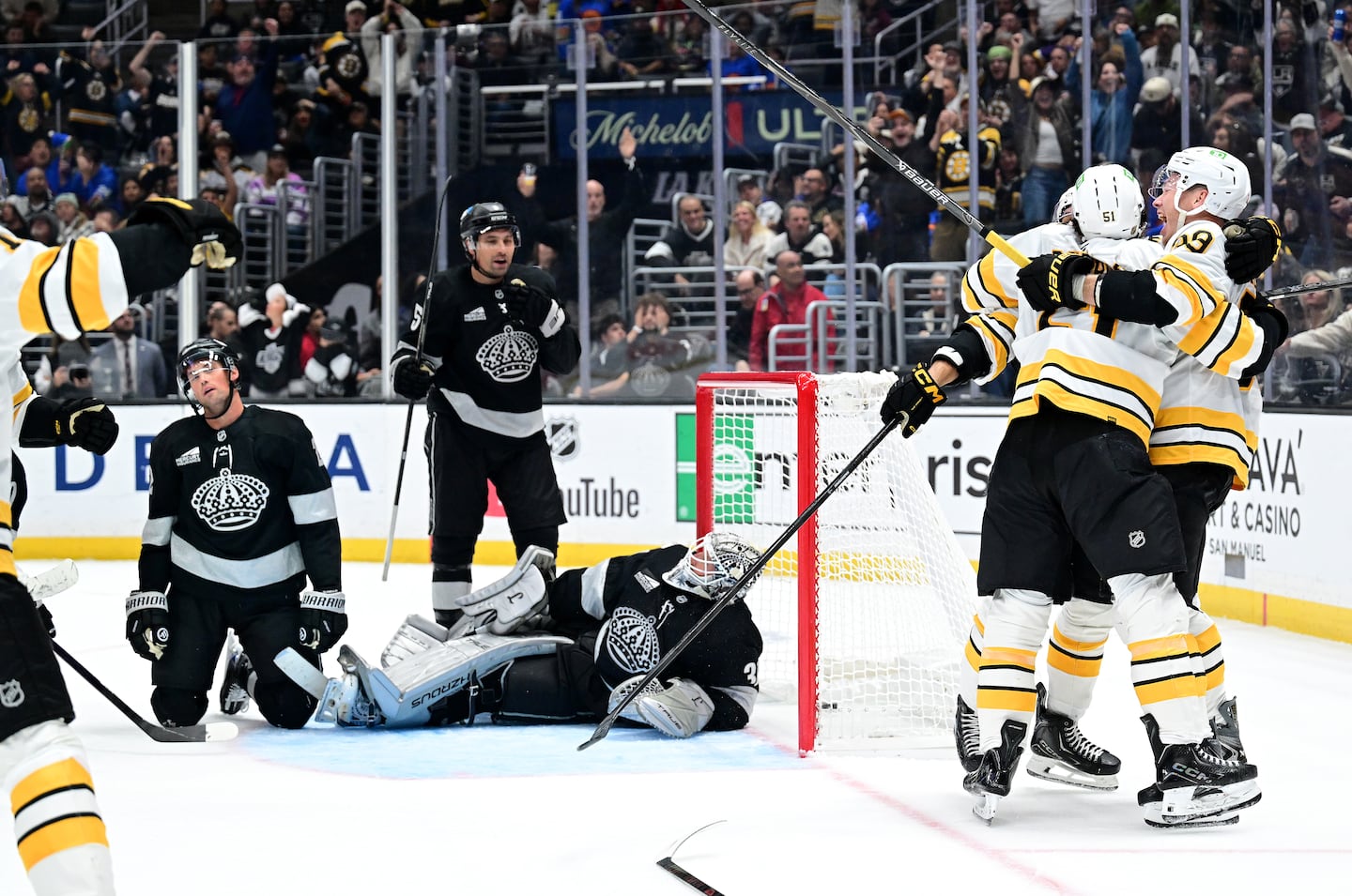 Bruins fans rise up in the unfriendly confines of Crypto.com Arena after Marat Khusnutdinov scored the go-ahead goal in the third period of Saturday night's 4-1 win over the Kings in Los Angeles.