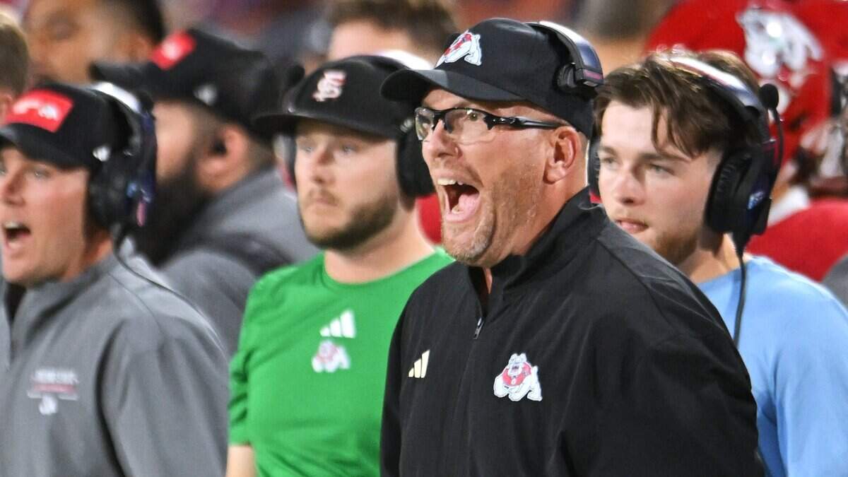 Fresno State head coach Matt Entz is seen along the sidelines in the game against Rice Saturday, Sept. 26, 2026 in Fresno. Rice led 17-14 at halftime.