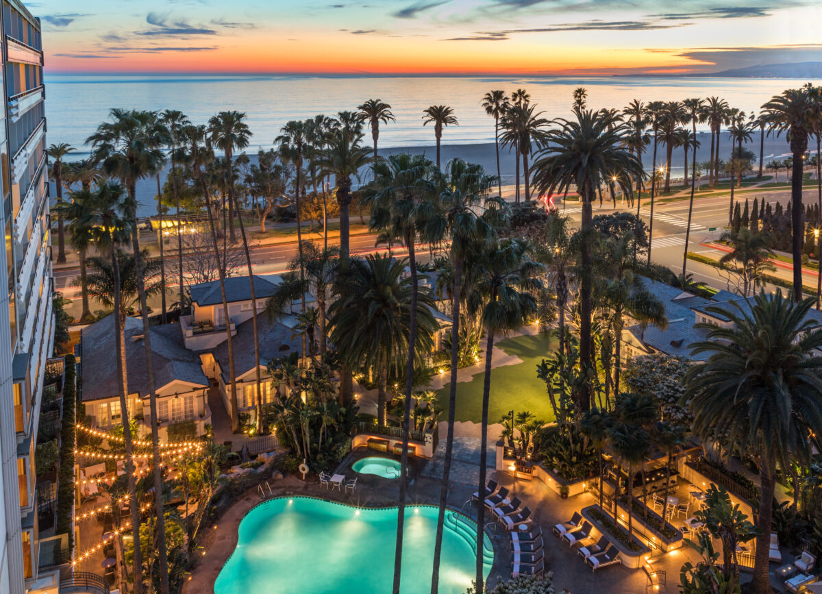 roof top sunset at the Fairmont Miramar Beach hotel in Santa Monica, CA