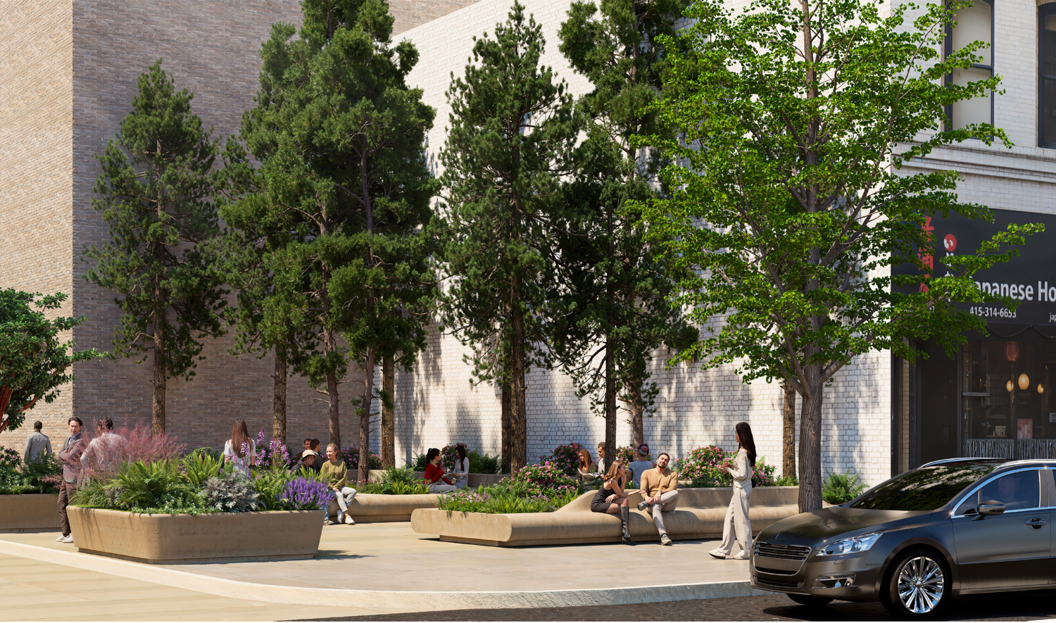 Fifty at First pocket park view from Mission Street, rendering by Gensler