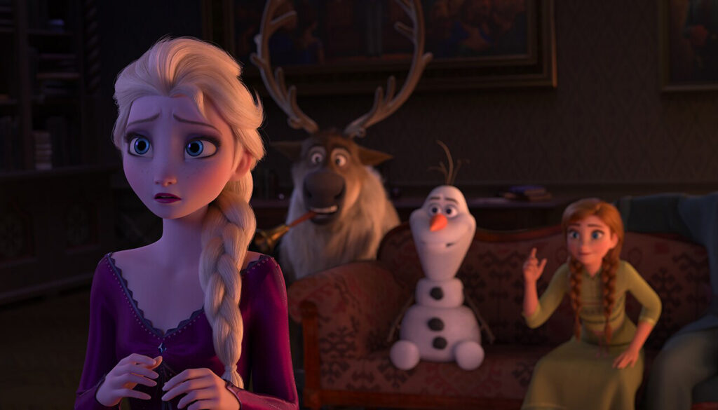 A scene from Disney’s Frozen II featuring a concerned Elsa in the foreground, with Sven, Olaf, and Anna sitting in the background.