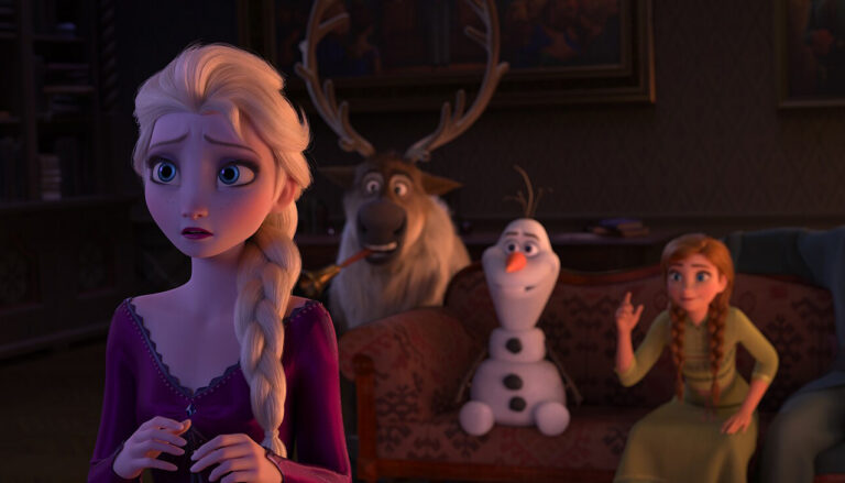 A scene from Disney’s Frozen II featuring a concerned Elsa in the foreground, with Sven, Olaf, and Anna sitting in the background.
