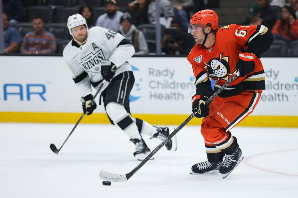 Ducks defenseman Tristan Luneau (67) skates with the puck