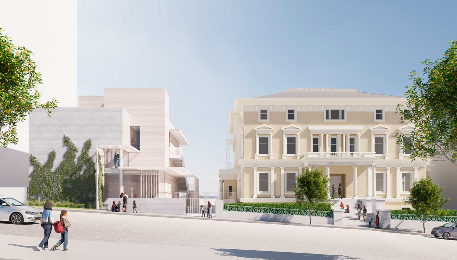 Hamlin School expansion (left) next to the Stanwood Hall (right), rendering by Mark Cavagnero Associates