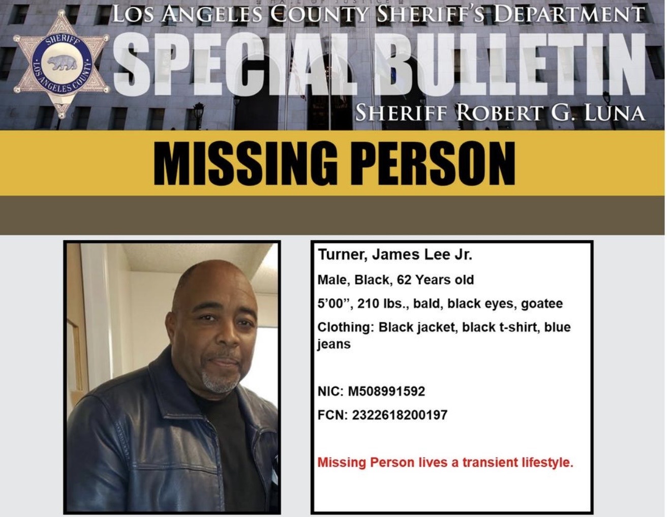 LASD Searches for Missing 62-Year-Old Transient Man in Lakewood
