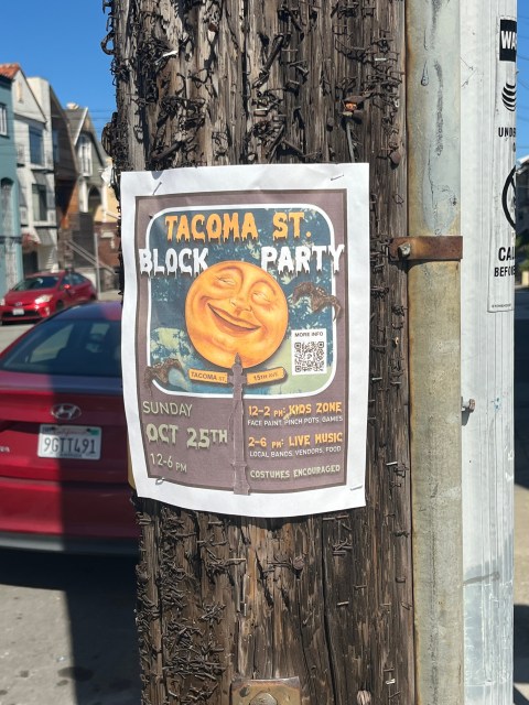 Flyer for a Tacoma St. block party on Sunday, Oct 25th, featuring a moon illustration, event details, and a QR code for more info.