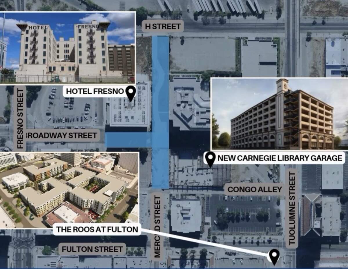 A map shows where construction will take place to restore a road in downtown Fresno that was lost over 60 years ago.