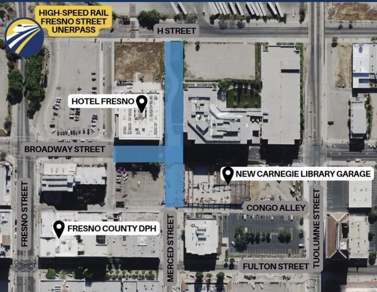 A map shows where construction will take place to restore a road in downtown Fresno that was lost over 60 years ago.