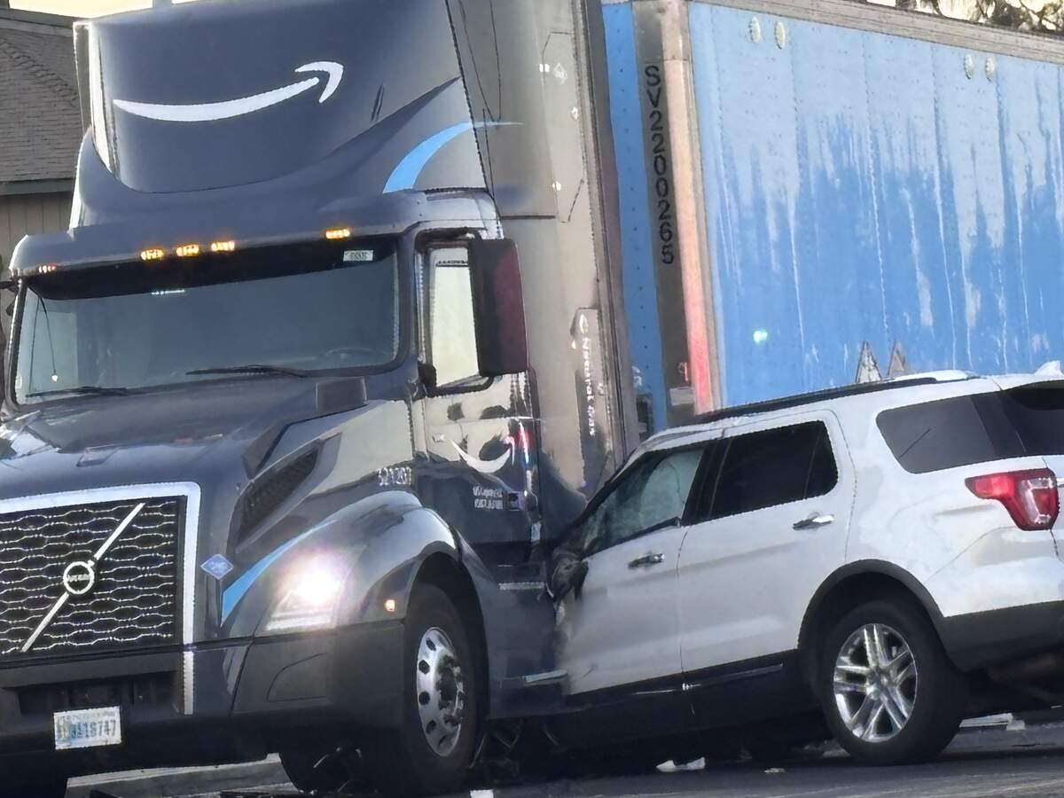 An SUV crashed into an Amazon Prime semi in Fresno, California on Sunday, Oct. 4, 2026.