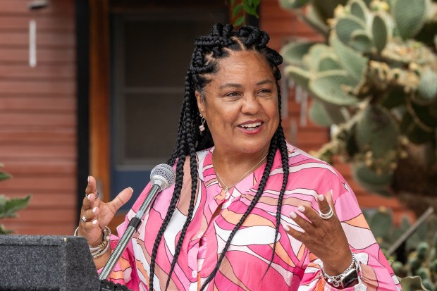 Los Angeles City Councilwoman Heather Hutt speaks before the unveiling of a plaque at St. Elmo Village, a newly designated Historic-Cultural Monument recognized for its role in the Black arts movement, during a ceremony that was part of the African American Historic Places Los Angeles initiative, on Thursday, Aug. 14, 2025. (Photo by Mark Savage, Contributing Photographer)