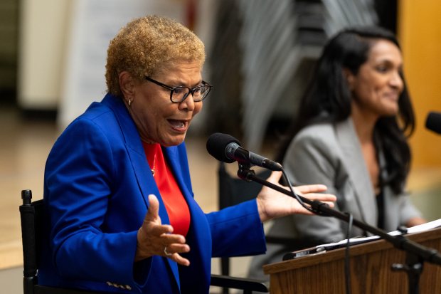 Los Angeles Mayor Karen Bass and mayoral candidate, councilmember Nithya Raman debate each other at the Sherman Oaks Homeowners Association on Wednesday, August 19, 2026. The pair are running against each other in the Los Angels mayors race. (Photo by David Crane, Los Angeles Daily News/SCNG)