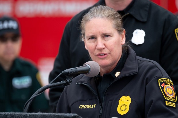 LAFD Chief Kristin Crowley speaks at LAFD Fire Station 88 Wednesday, Jan. 17, 2024. On the 30th anniversary of the Northridge earthquake the LA City Fire department held a drill and press conference to demonstrate some of the technology updates the department has made since the 1994 earthquake. (Photo by David Crane, Los Angeles Daily News/SCNG)