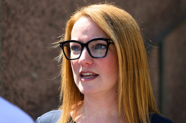 Los Angeles County Supervisor Lindsey Horvath speaks outside the Kenneth Hahn Hall of Administration on Monday, Aug. 31, 2026, about the county lawsuit against State Farm Insurance over mishandling of claims related to the Palisades and Eaton fires. (Photo by Jacob Lewis, Contributing Photographer)