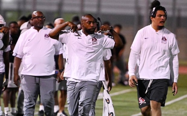 Paramount Pirates Head coach Malik James reacts against the Paramount Pirates in the first half of a prep football game at Paramount High School in Paramount on Friday, October 16, 2026. (Photo by Keith Birmingham, Pasadena Star-News/ SCNG)