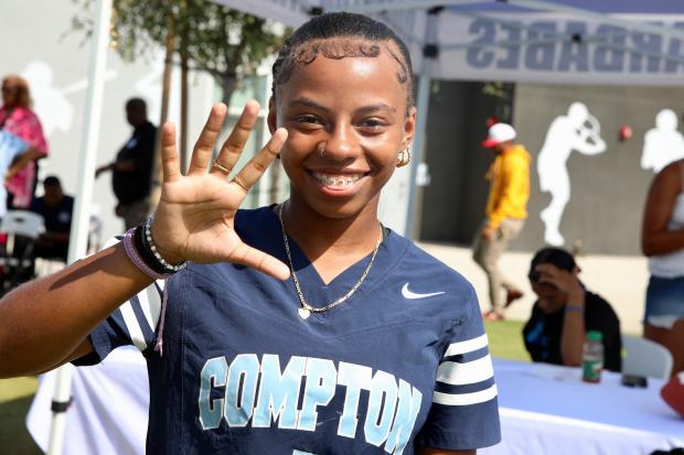 Compton High flag football player Shamiah Gibson displays her uniform number at the first Hub City League Football Media Day on Thursday, Aug. 6, 2026, at Compton High School in Compton. (Photo by Howard Freshman, Contributing Photographer)