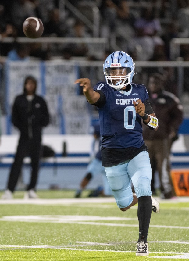 Compton's Donnie Johnson III gets off a pass During Friday's non league game against Wilson at Compton High School on Friday, September 25, 2026.