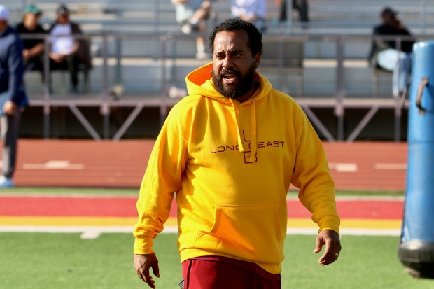 Wilson head coach Raudric Curtis oversees a spring football showcase on Friday, May 1, 2026, at Wilson High School in Long Beach. (Photo by Howard Freshman, Contributing Photographer)