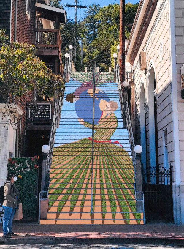 An artist's rendering shows a proposed mural for the Excelsior Stairs above Bridgeway at Bay Street. (Provided by City of Sausalito)
