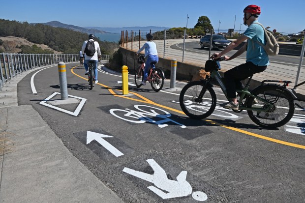 Bicyclists rides down the new Vista Point Trail from the Vista Point parking lot in Sausalito, Calif., on Tuesday, Sept. 29, 2026. (Alan Dep/Marin Independent Journal)
