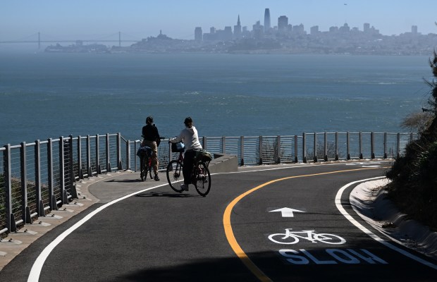 Bicyclists take in the view from the new Vista Point Trail in Sausalito, Calif., on Tuesday, Sept. 29, 2026. (Alan Dep/Marin Independent Journal)