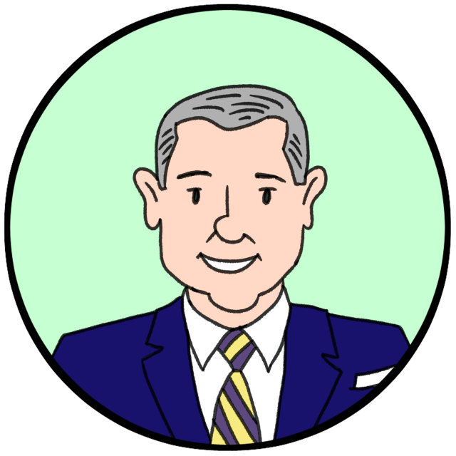 Cartoon illustration of a smiling man with gray hair in a blue suit, white shirt, and striped yellow and purple tie, set against a light green circular background.