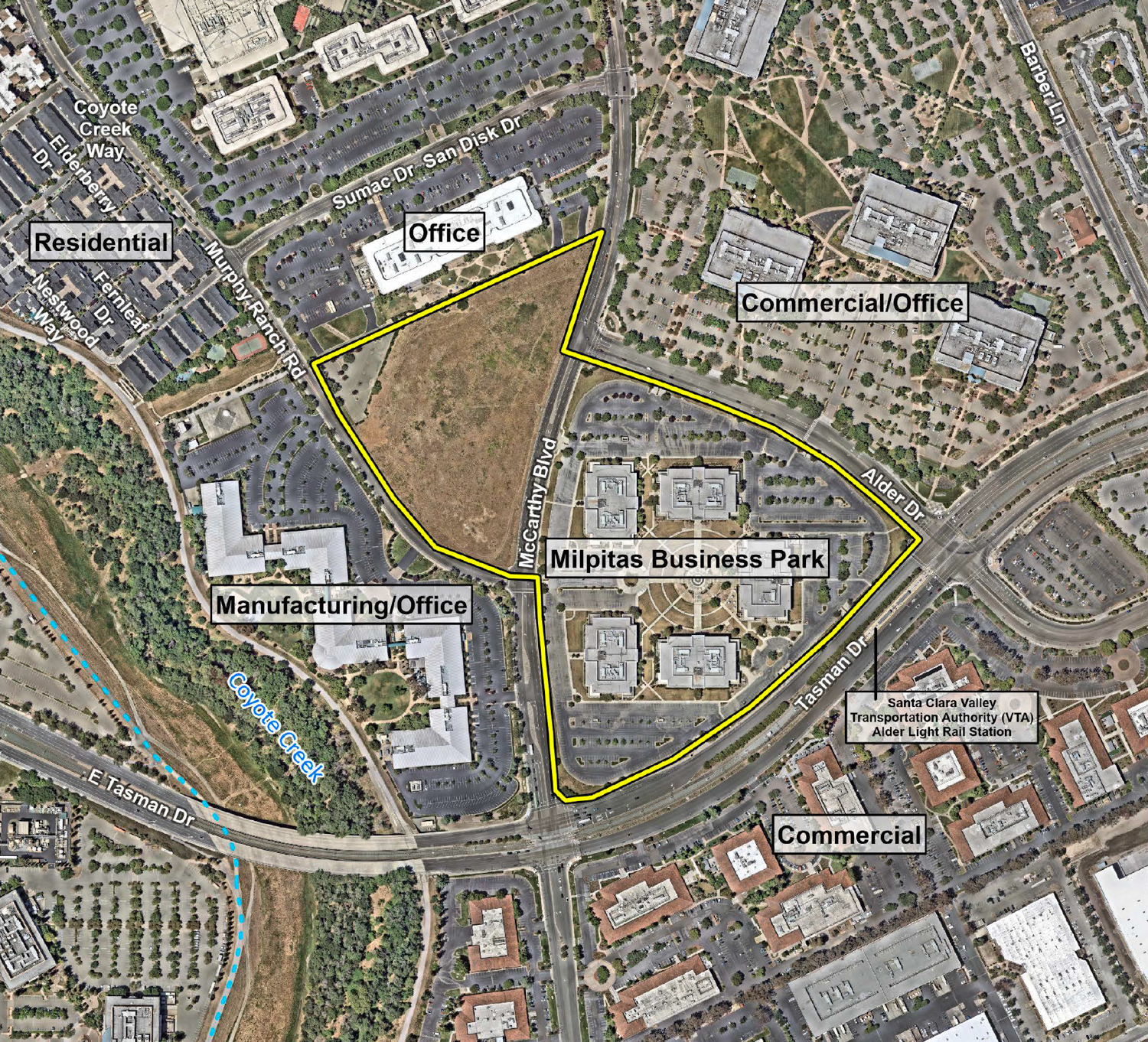 Murphy Village site outlined in yellow, image courtesy City of Milpitas
