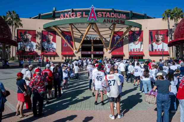 Fans arrive for a home Angels game against the New York Yankees, the first game after the announcement that Stan Kroenke, who also owns the LA Rams, is acquiring a controlling interest in the Angels. Seen at Angel Stadium in Anaheim on Tuesday, September 1, 2026. (Photo by Jeff Antenore, Orange County Register/SCNG)