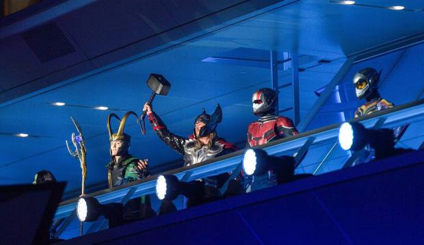 Loki, Thor, and Iron Man stand at Avenger Headquarters during the opening ceremony for Avengers Campus inside Disney California Adventure in Anaheim, CA, on Wednesday, June 2, 2021. (Photo by Jeff Gritchen, Orange County Register/SCNG)