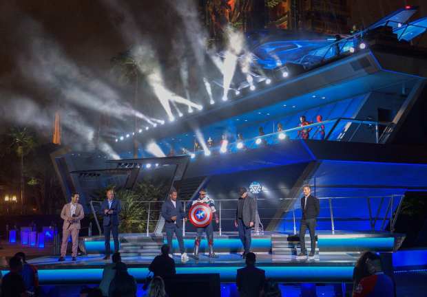 Paul Rudd, left, Bob Chapek, Chief Executive Officer of The Walt Disney Company, left, Anthony Mackie, a Disney cast member playing Captain America, Kevin Feige, president of Marvel Studios, and Josh D'Amaro, Chairman, Disney Parks, Experiences and Products, right, during the opening ceremony for Avengers Campus inside Disney California Adventure in Anaheim, CA, on Wednesday, June 2, 2021. (Photo by Jeff Gritchen, Orange County Register/SCNG)